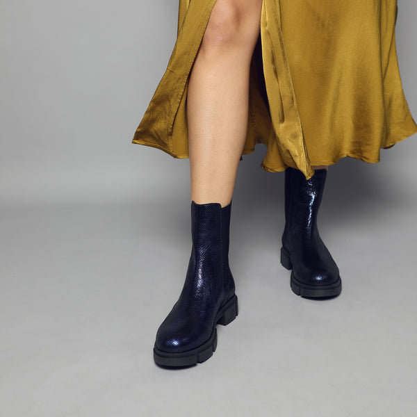 Esska June Navy Metallic Chunky Flat Boot