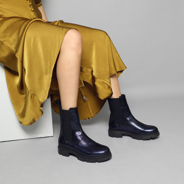 esska June Navy Metallic Chunky Flat Boot