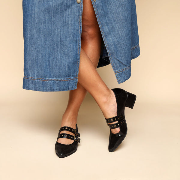 esska Larissa Metallic Black Low Heel Shoe