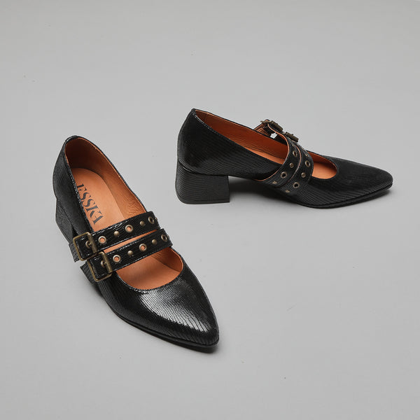 Esska Larissa WIDE Metallic Black Low Heel Shoe