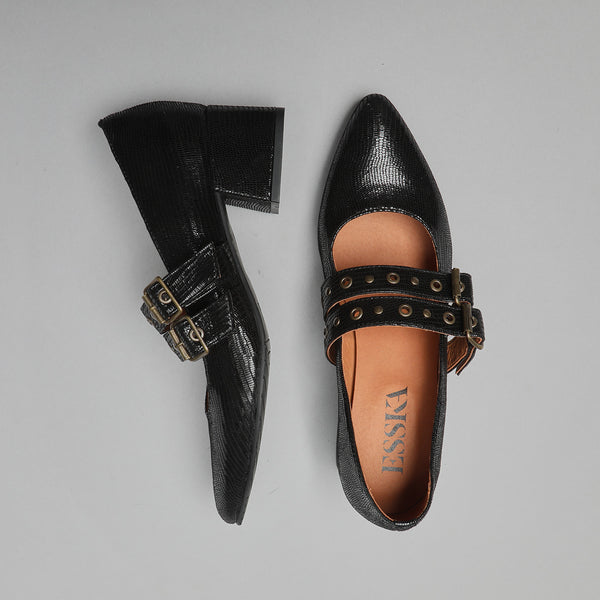 Esska Larissa WIDE Metallic Black Low Heel Shoe