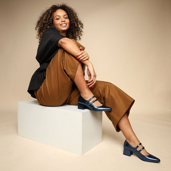 Esska Laura Metallic Navy Low Heel Shoe