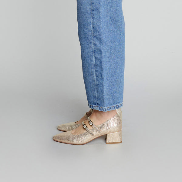 Esska Laura Vegan Embossed Platinum Low Heel Shoe