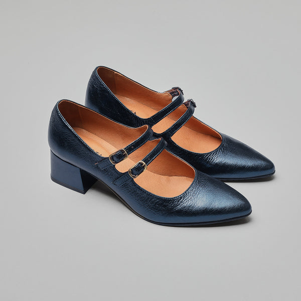 Esska Laura WIDE Metallic Navy Low Heel Shoe