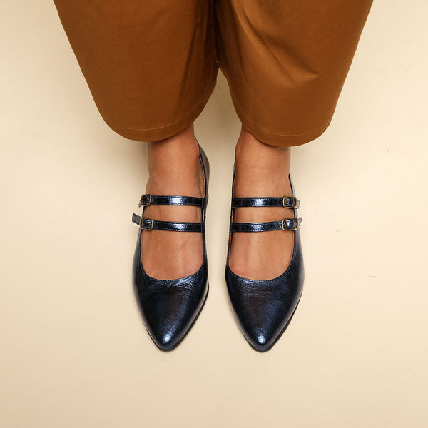 esska Laura WIDE Metallic Navy Low Heel Shoe