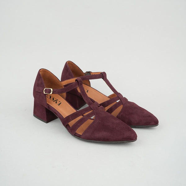 Esska Lina Burgundy Suede Low Heel T-Bar Shoe