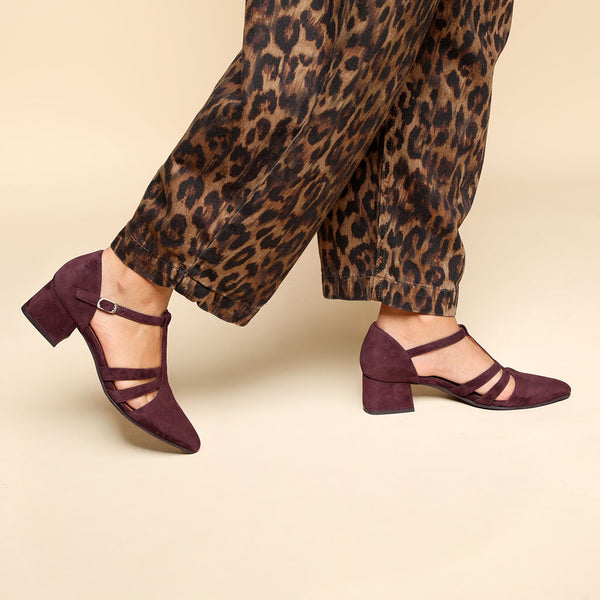 Esska Lina Burgundy Suede Low Heel T-Bar Shoe