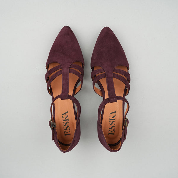 Esska Lina Burgundy Suede Low Heel T-Bar Shoe