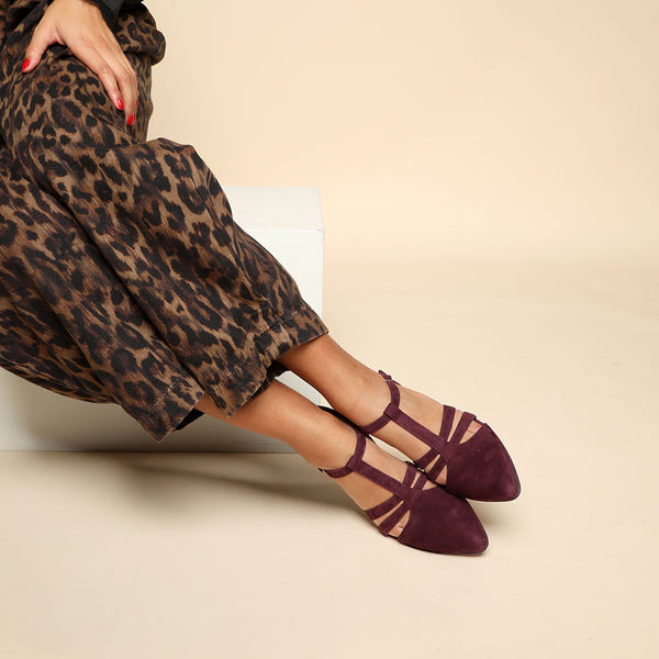 esska Lina Burgundy Suede Low Heel T-Bar Shoe