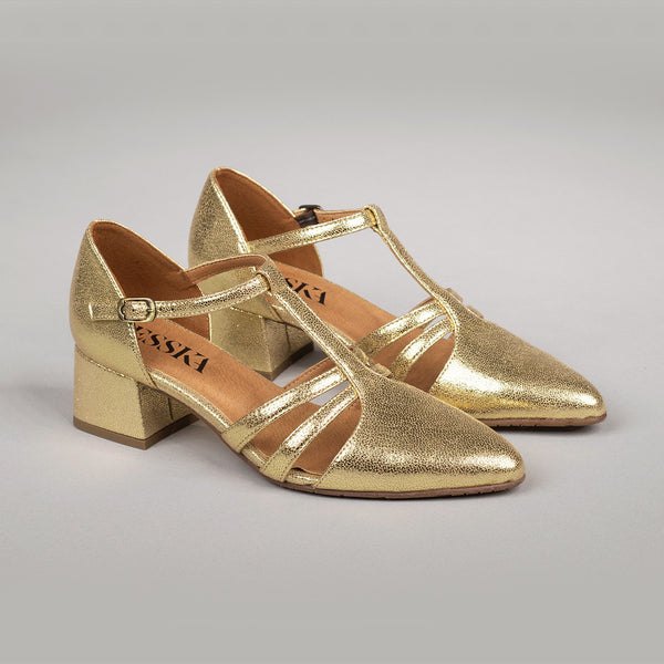 Esska Lina Vegan Gold Low Heel T-Bar Shoe
