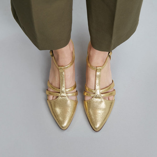 Esska Lina Vegan Gold Low Heel T-Bar Shoe