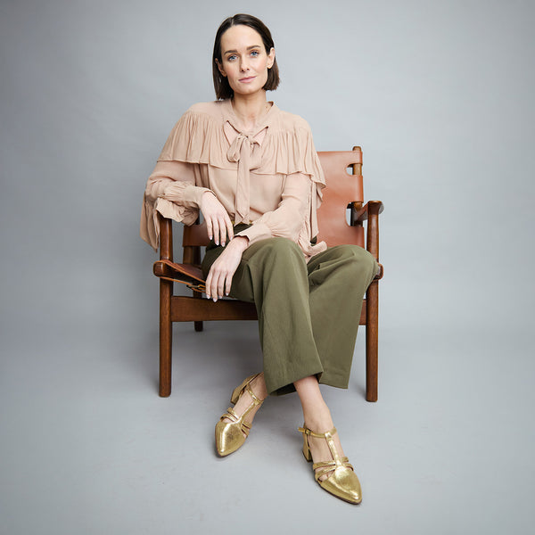 Esska Lina Vegan Gold Low Heel T-Bar Shoe