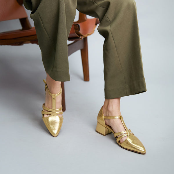 esska Lina Vegan Gold Low Heel T-Bar Shoe