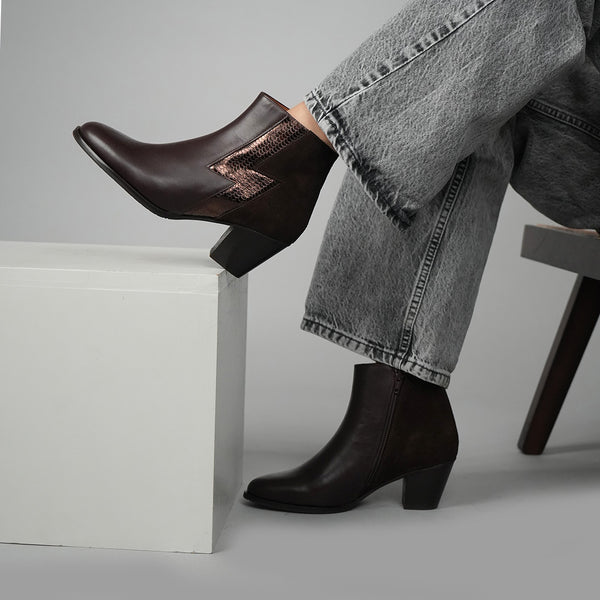 esska Mash Dark Brown Ankle Mid Heel Boot