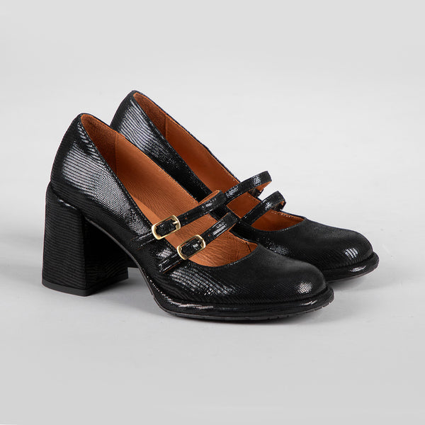 Esska Maya Black Metallic Mid Heel Shoe