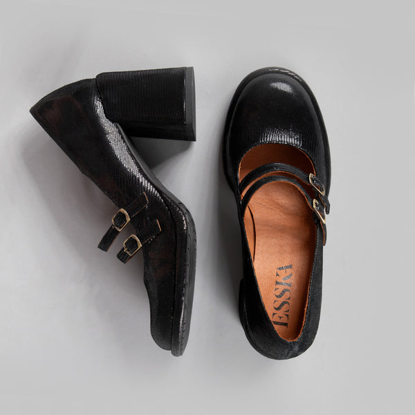 Esska Maya Black Metallic Mid Heel Shoe