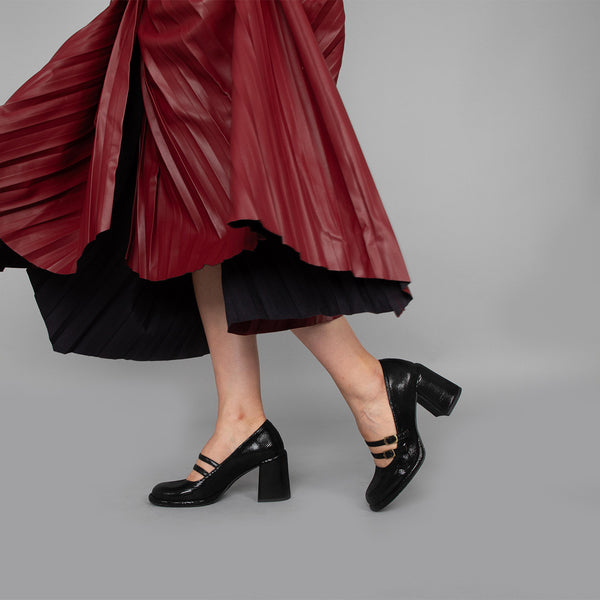 esska Maya Black Metallic Mid Heel Shoe