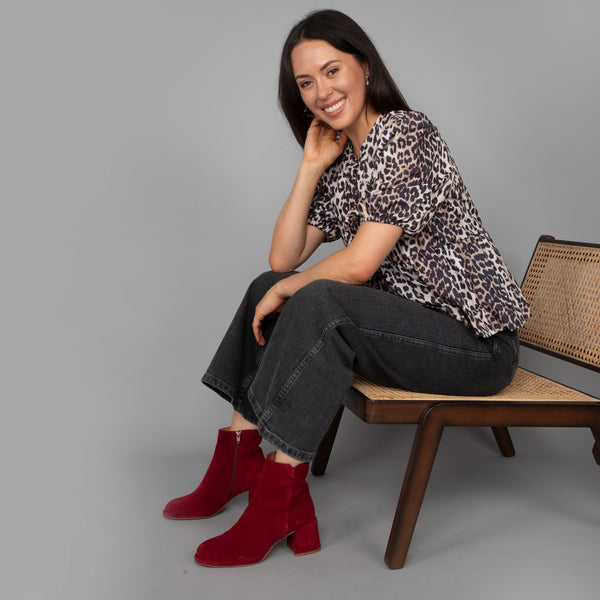 esska Mona Wine Suede Low Heel Ankle Boot