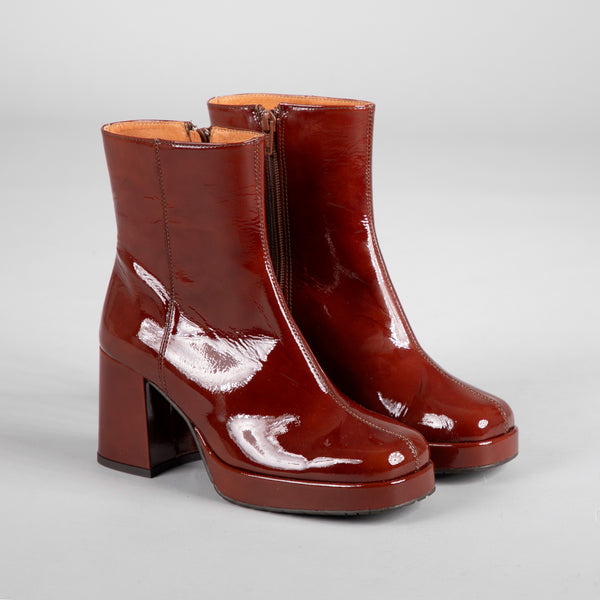 Esska Sassy Tan Patent Platform Heeled Ankle Boot