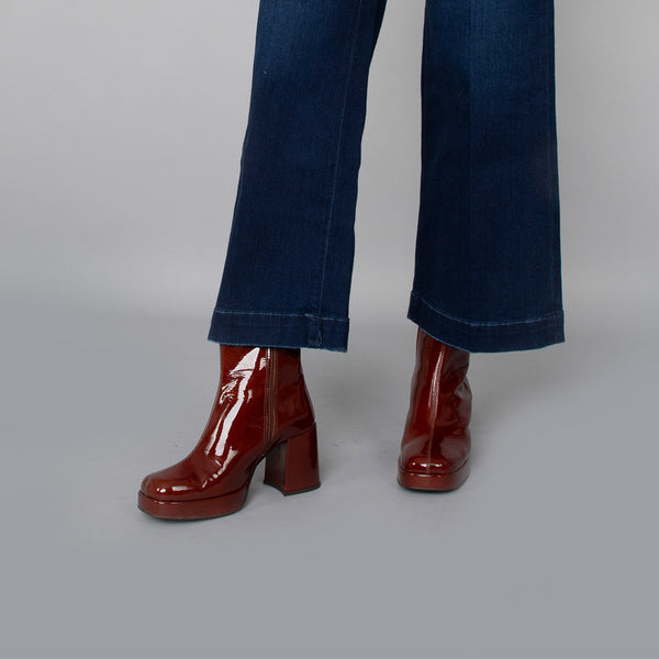 Esska Sassy Tan Patent Platform Heeled Ankle Boot