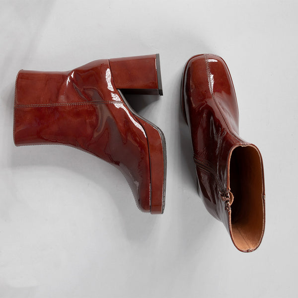 Esska Sassy Tan Patent Platform Heeled Ankle Boot