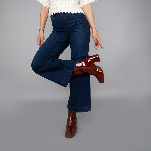 esska Sassy Tan Patent Platform Heeled Ankle Boot