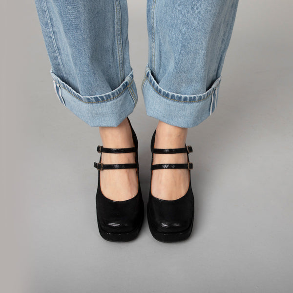 Esska Sienna Black Metallic Mid Heel Shoe