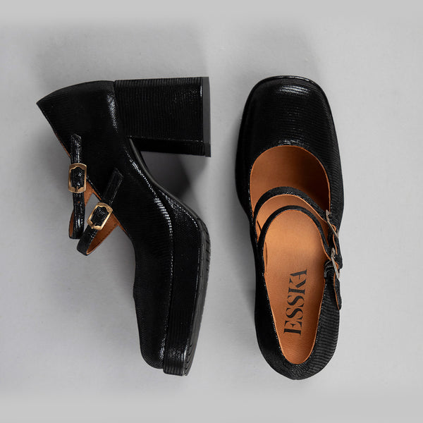 Esska Sienna Black Metallic Mid Heel Shoe