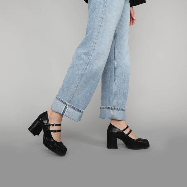 esska Sienna Black Metallic Mid Heel Shoe