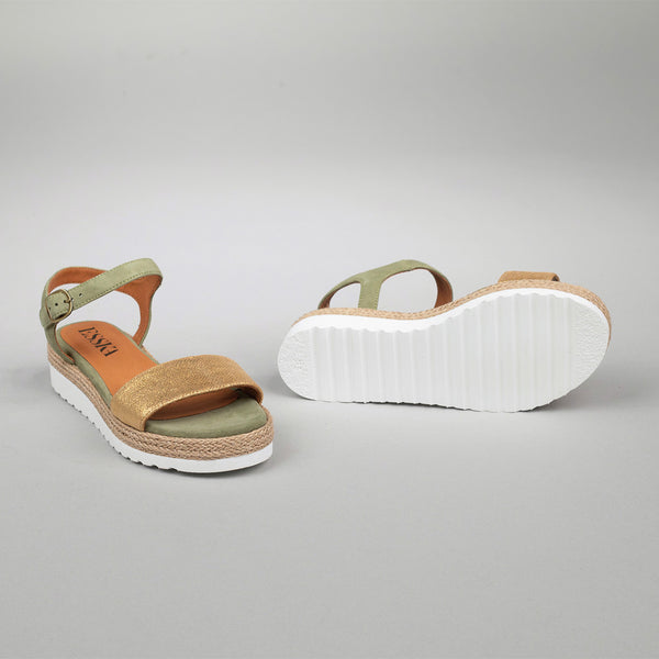 Esska Uma Gold & Green Flat Sandal