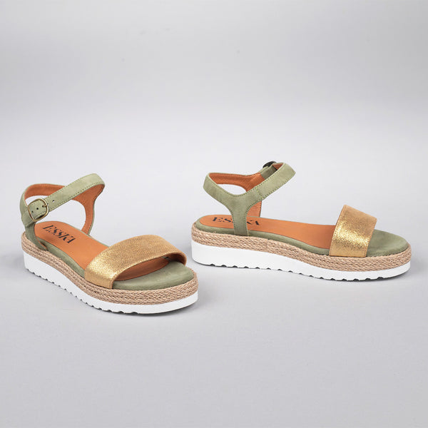 Esska Uma Gold & Green Flat Sandal