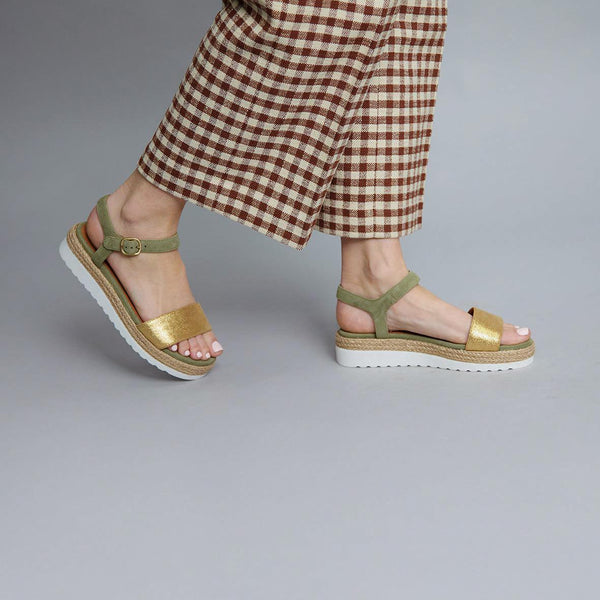 esska Uma Gold & Green Flat Sandal