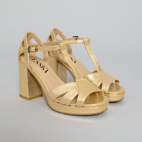 Esska Valerie Vegan Gold High Heel T-Bar Sandal