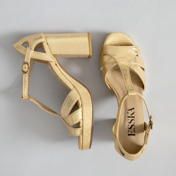 Esska Valerie Vegan Gold High Heel T-Bar Sandal