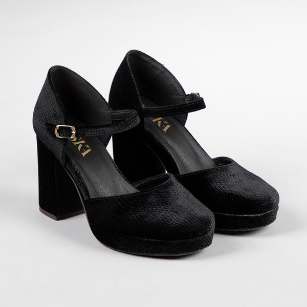 Esska Viv Velvet Black Embossed High Heel Shoe