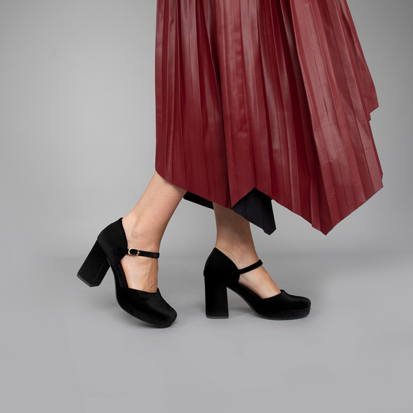 Esska Viv Velvet Black Embossed High Heel Shoe