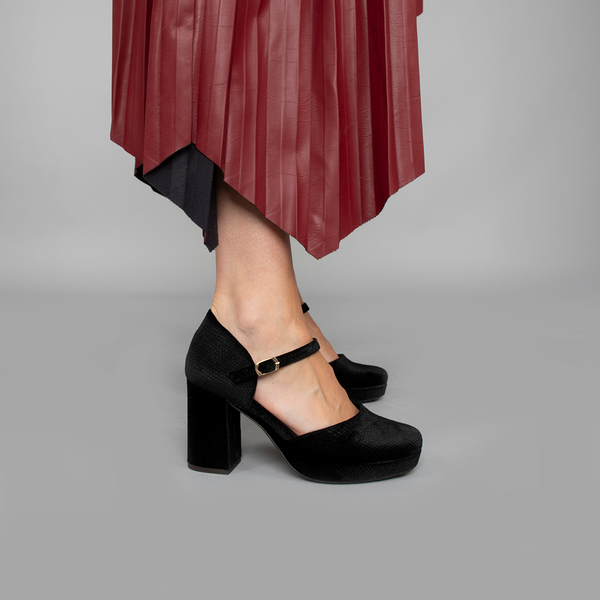 esska Viv Velvet Black Embossed High Heel Shoe