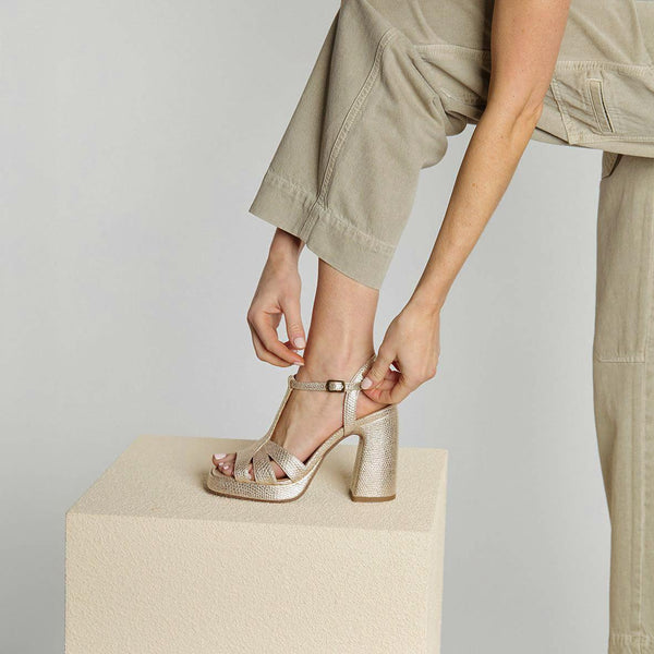 esska Gaia Vegan Embossed Platinum High Heel Sandal