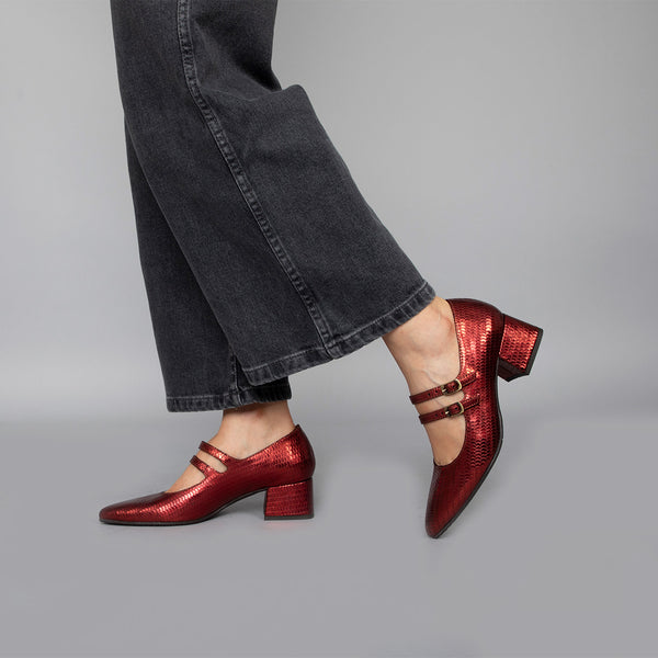 Esska Laura Red Metallic Low Heel Double Strap Shoe