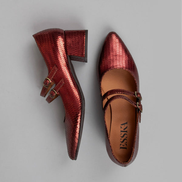 Esska Laura Red Metallic Low Heel Double Strap Shoe