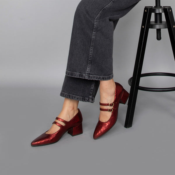 esska Laura Red Metallic Low Heel Double Strap Shoe