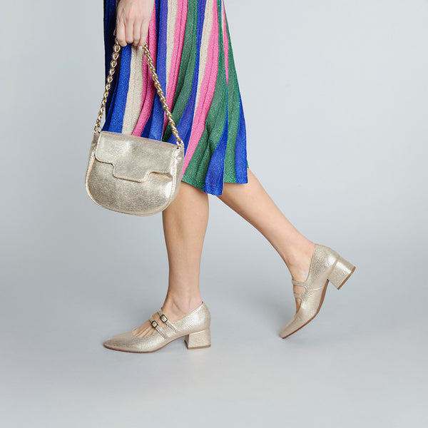 esska Laura WIDE Vegan Embossed Platinum Low Heel Shoe