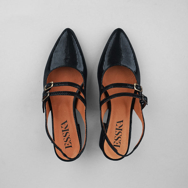 Esska Layal Metallic Black Low Heel Sling Back Shoe