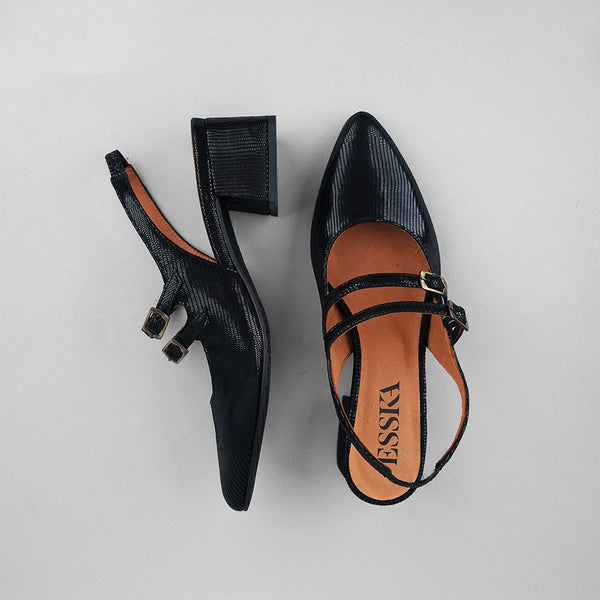 Esska Layal Metallic Black Low Heel Sling Back Shoe