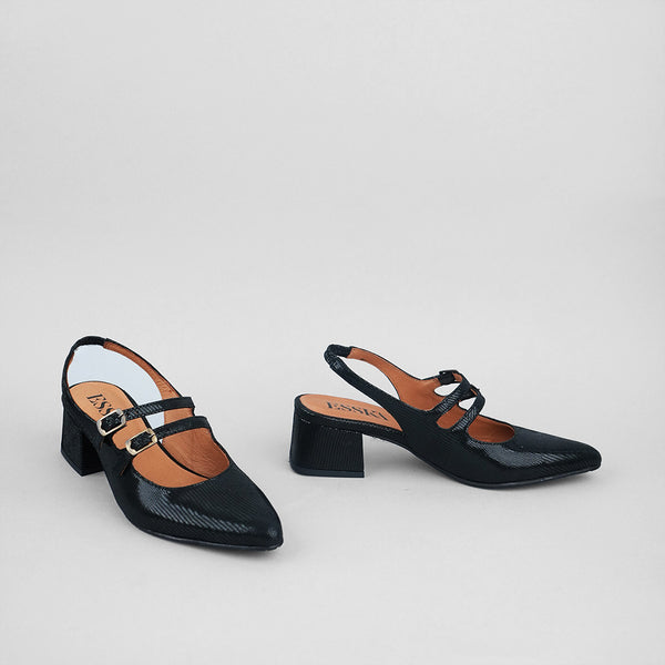 Esska Layal WIDE Metallic Black Low Heel Sling Back Shoe
