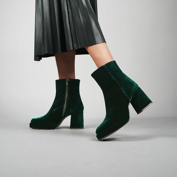 esska Sassy Vegan Velvet Green Ankle Mid Height Boot