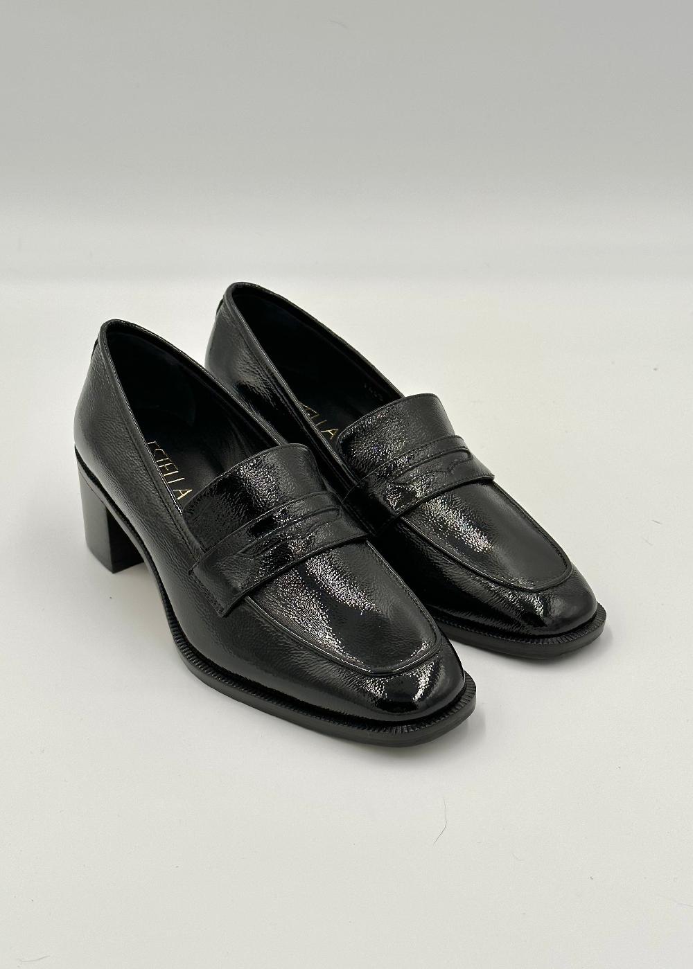 estella Alice Heeled Penny Loafer in Black Patent Leather