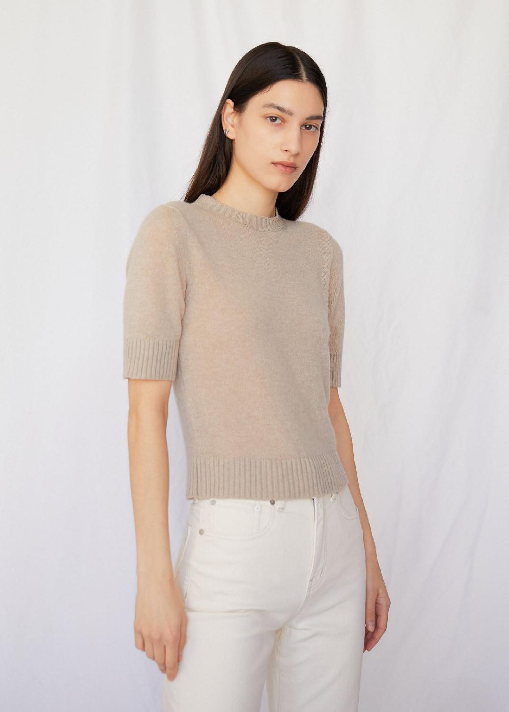 Estella Cindy Short Sleeve Crewneck Cashmere Sweater In Wheat