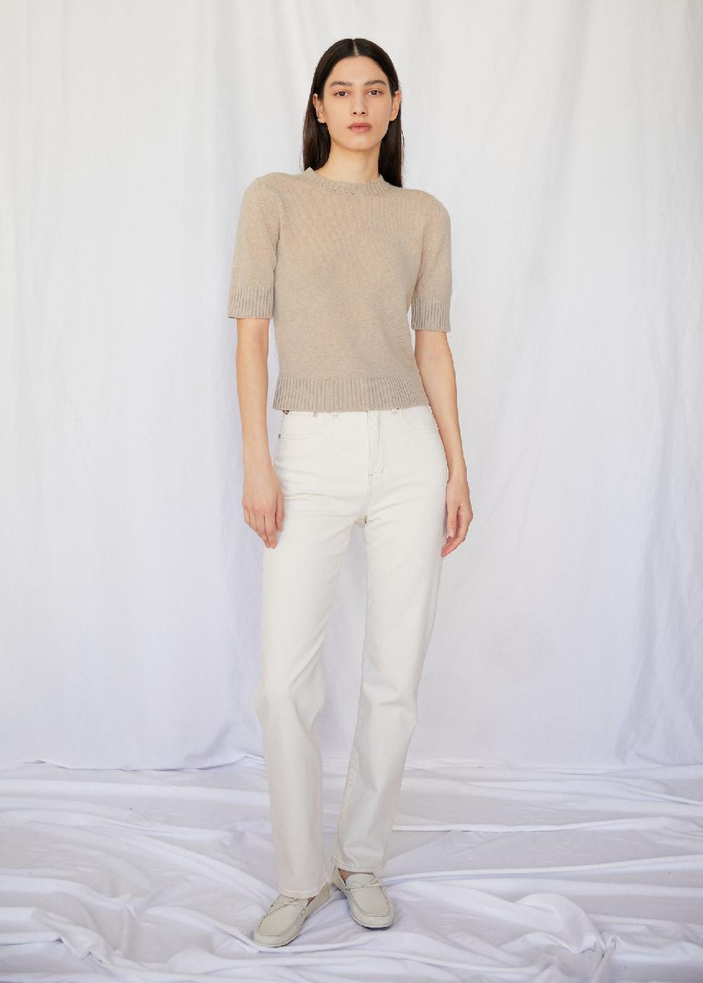 Estella Cindy Short Sleeve Crewneck Cashmere Sweater In Wheat