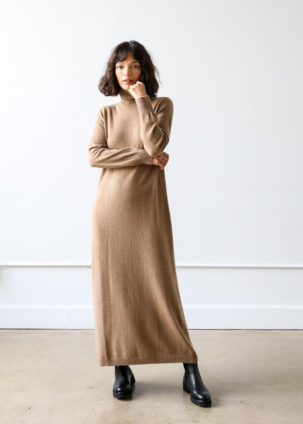 Estella Lucia Turtleneck Dress In Camel Cashmere